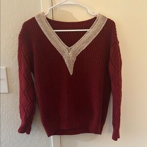 Elegant Burgundy Sweater with Lace Trim